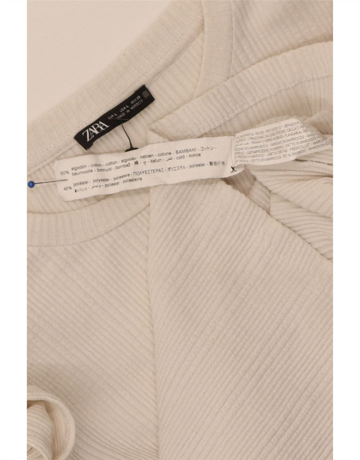 Zara Womens Crop Ruffle Front Top Langærmet UK 14 Large White Bomuld