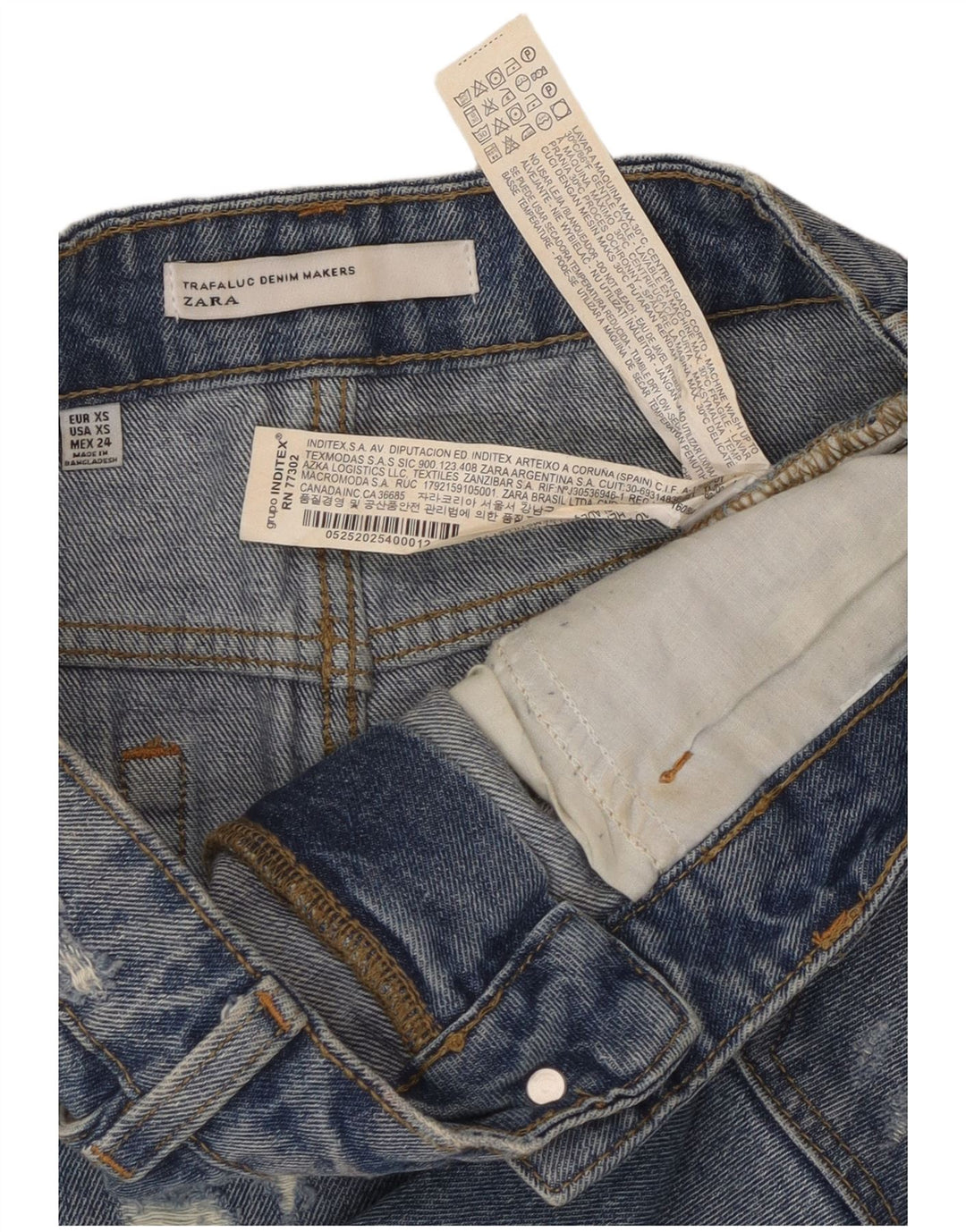 ZARA Dame Trafaluc Distressed Mini Denim Nederdel XS W24 Blå Bomuld