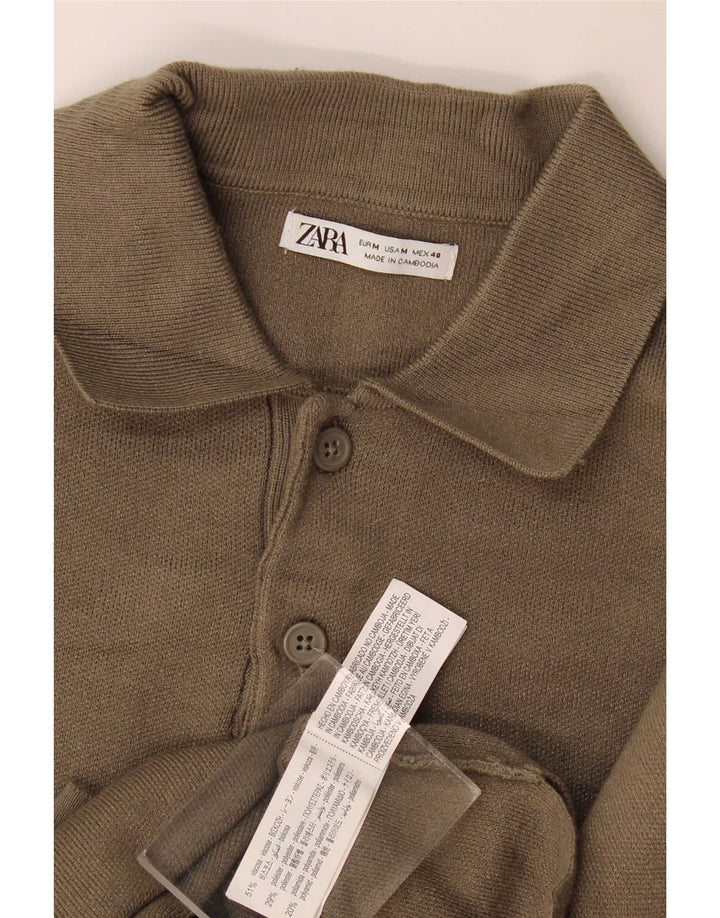 Zara Herre Polo Neck Jumper Sweater Medium Khaki Viscose