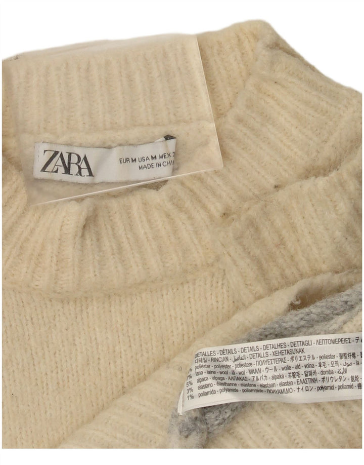 Zara Dame Turtle Neck Sweater UK 14 Medium Off White Colourblock
