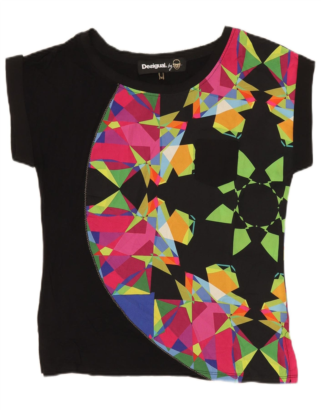 Desigual Dame T-Shirt Top UK 12 Medium Sort Geometrisk