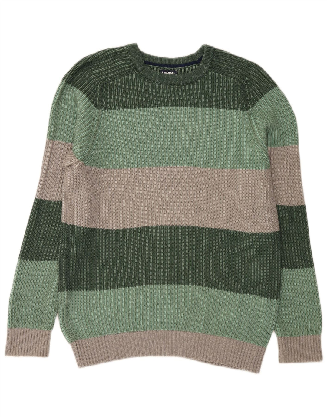 Lands End Herre Crew Neck Jumper Sweater Lille Grøn Stribet Bomuld