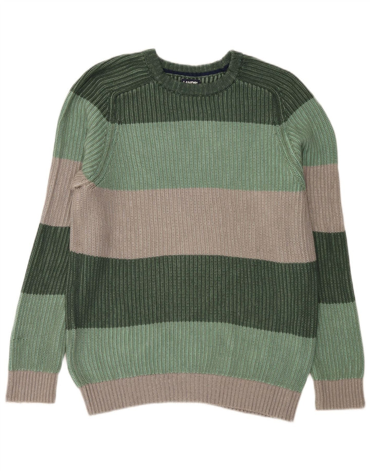 Lands End Herre Crew Neck Jumper Sweater Lille Grøn Stribet Bomuld