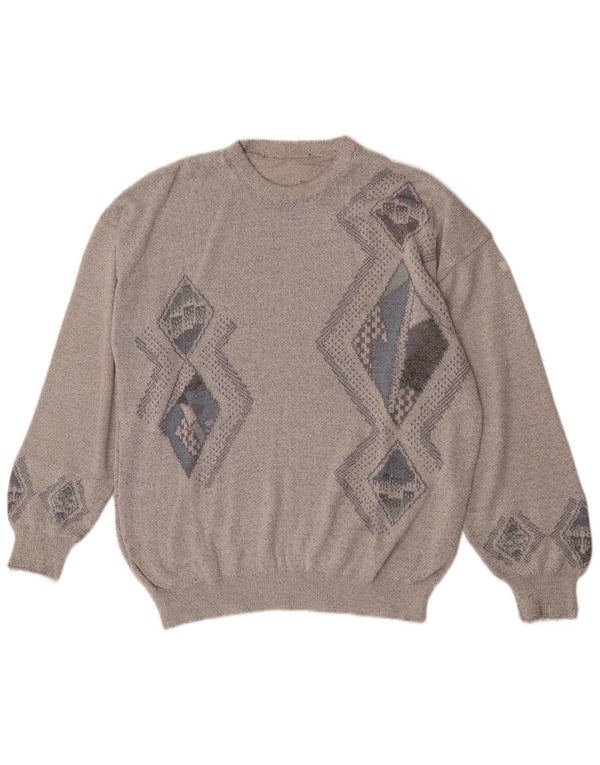 Vintage Herre Regular Fit Crew Neck Jumper Sweater Large Grey Argyle/Diamond