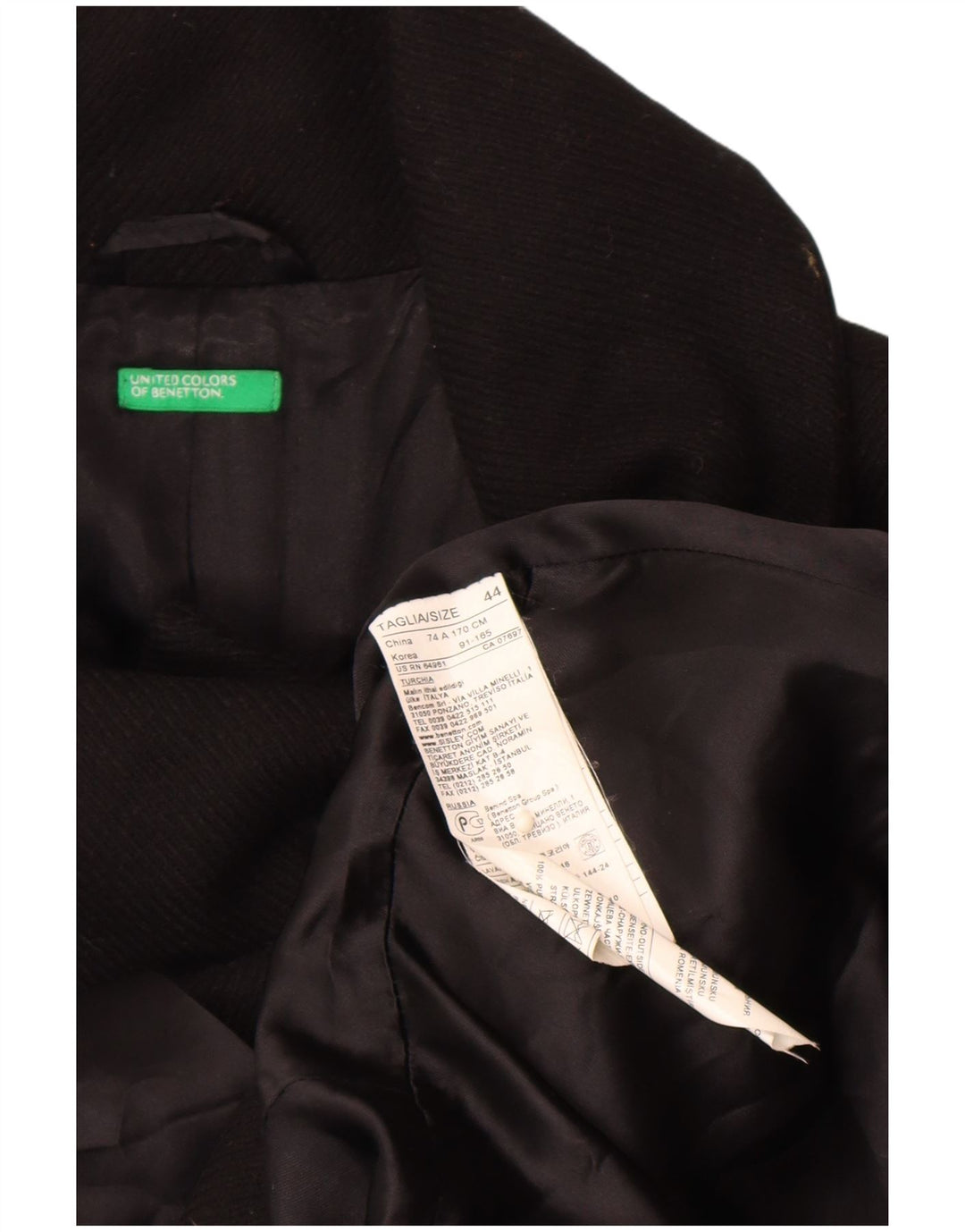 Benetton Dame Dobbeltradet Frakke IT 44 Medium Sort Virgin Wool
