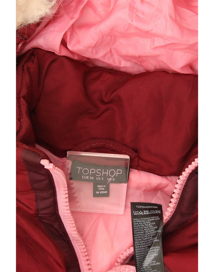 Topshop Dame Hætte Oversized Polstret Jakke UK 6 XS Rød Polyester