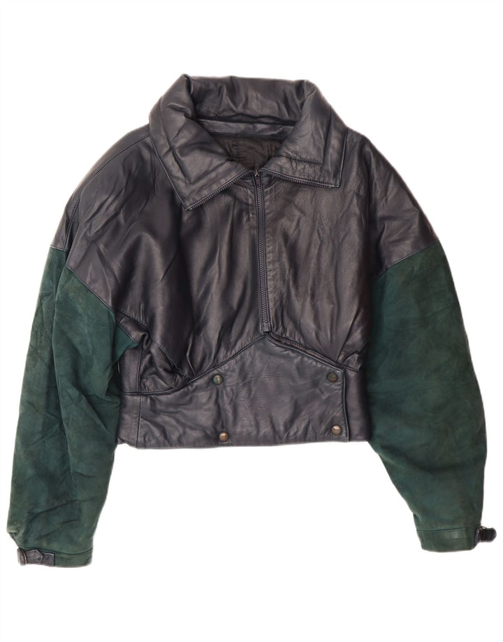 VINTAGE Crop læderjakke til kvinder UK 6 XS Marineblå