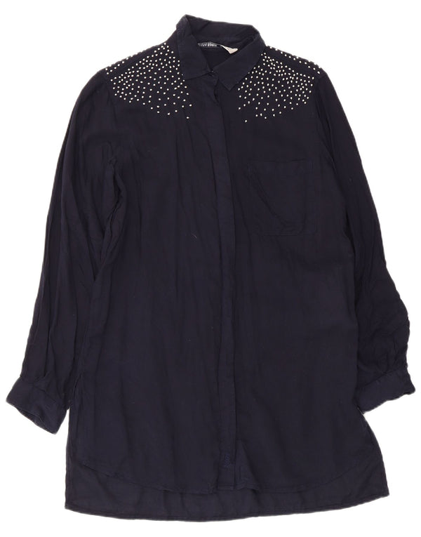 Zara Dame Langærmet Skjortekjole UK 6 XS Navy Blue Lyocell