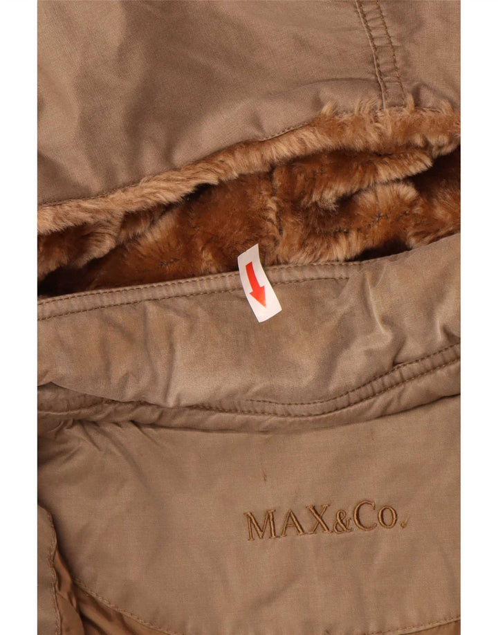 Max & Co. Dame hætte polstret frakke UK 12 medium brun bomuld