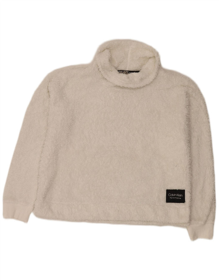 Calvin Klein Dame Roll Neck Oversized Fleece Jumper UK 16 Large White