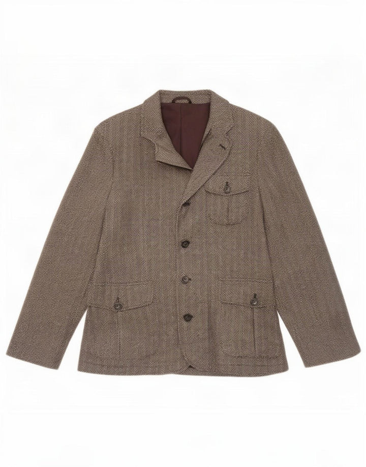 Benetton Herre Blazer Jacket UK 38 Medium Brown Herringbone