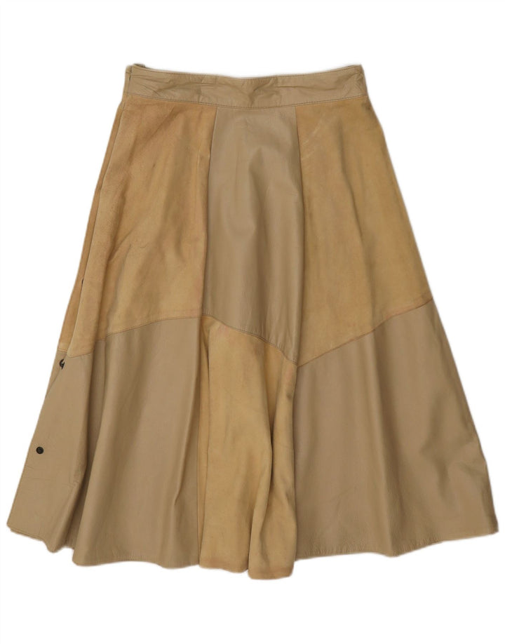 Vintage Dame Læder Flared Skirt IT 42 Medium W26 Beige Colourblock