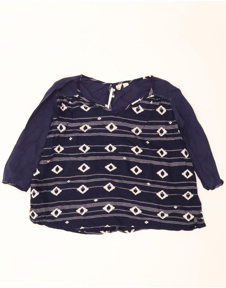 Roxy damebluse med 3/4 ærmer UK 12 Mellem marineblå geometrisk viskose