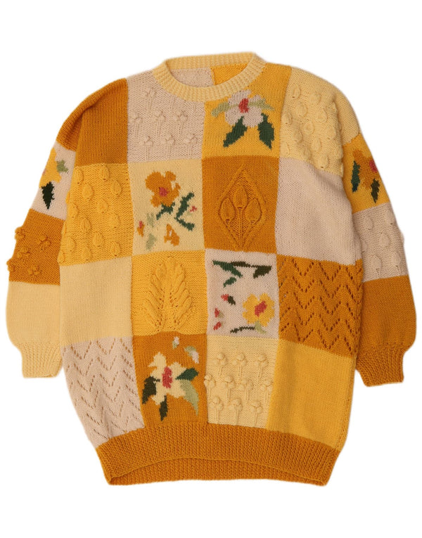 Vintage Dame Langærmet Jumper Kjole UK 22 3XL Gul Patchwork