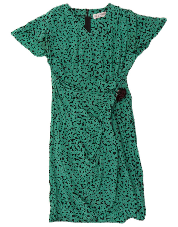 Vintage kvinders abstrakt mønster A-line kjole UK 16 Large Green Silk