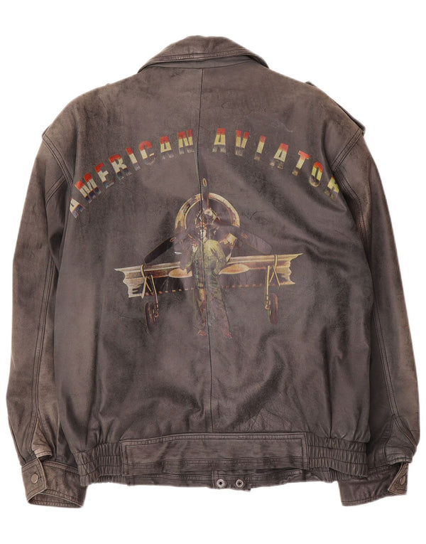 Vintage Herre Military Graphic Læderjakke IT 50 Large Black