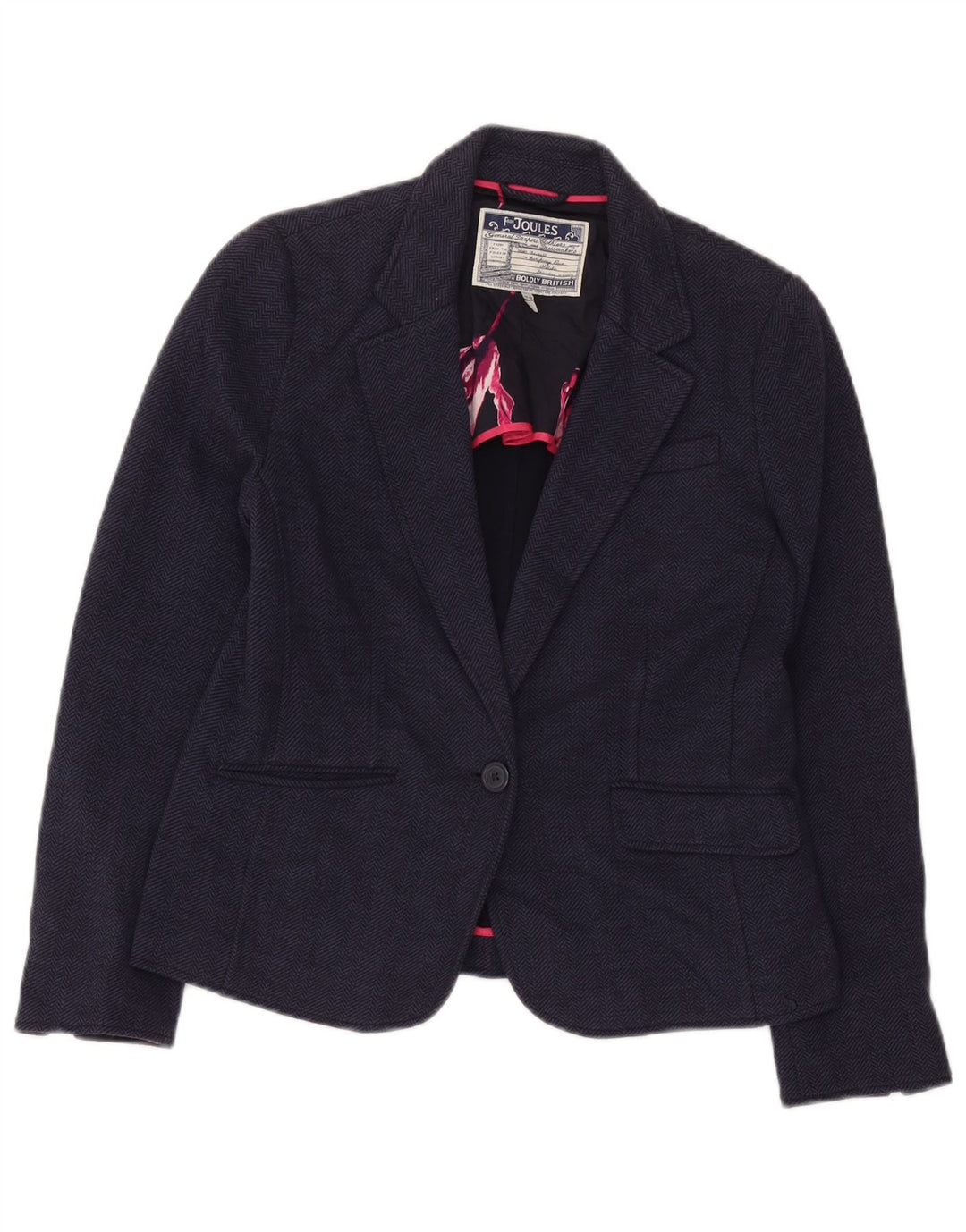 Joules Dame 1 Knap Blazer Jacket UK 14 Large Navy Blue Herringbone