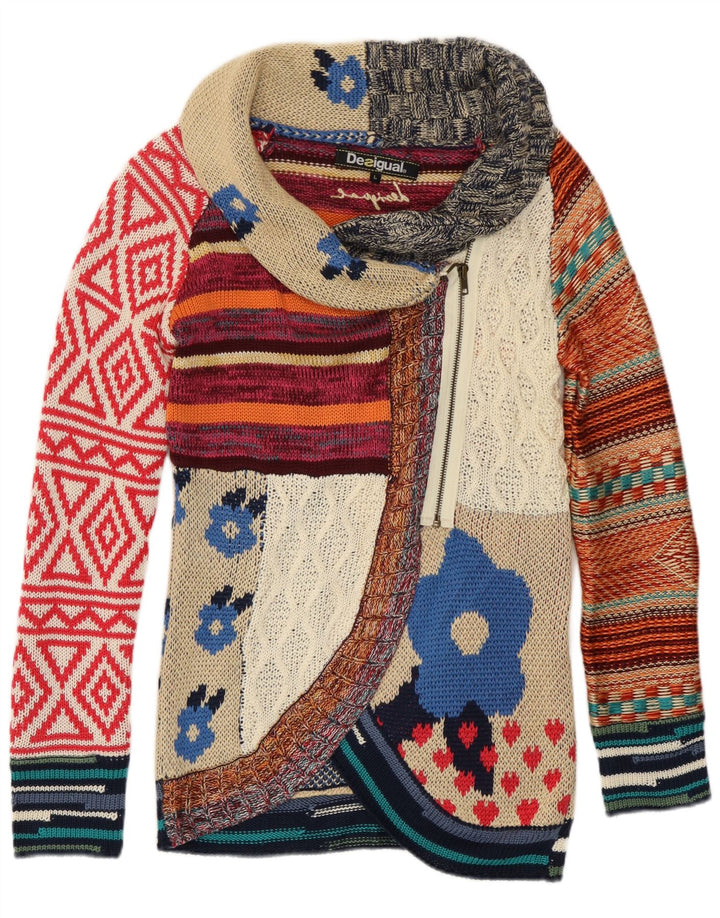 Desigual Dame Cardigan Sweater UK 14 Stort flerfarvet patchwork