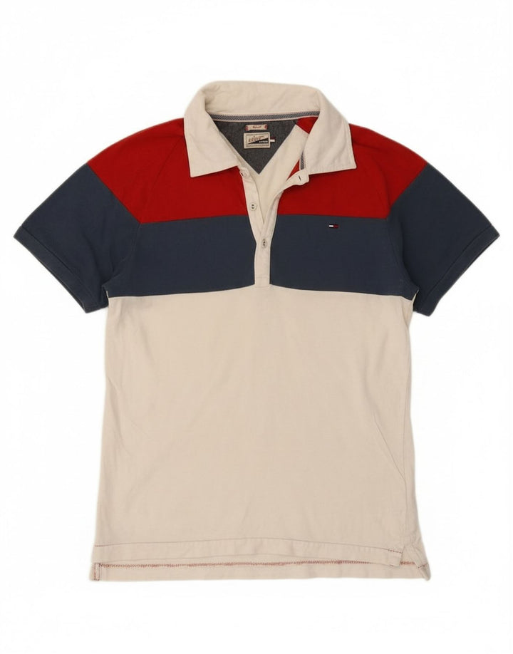 TOMMY HILFIGER Mens Polo Shirt Small White Colourblock Cotton