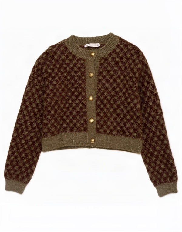 Zara Womens Crop Cardigan Sweater UK 10 Small Khaki Geometric Acrylic