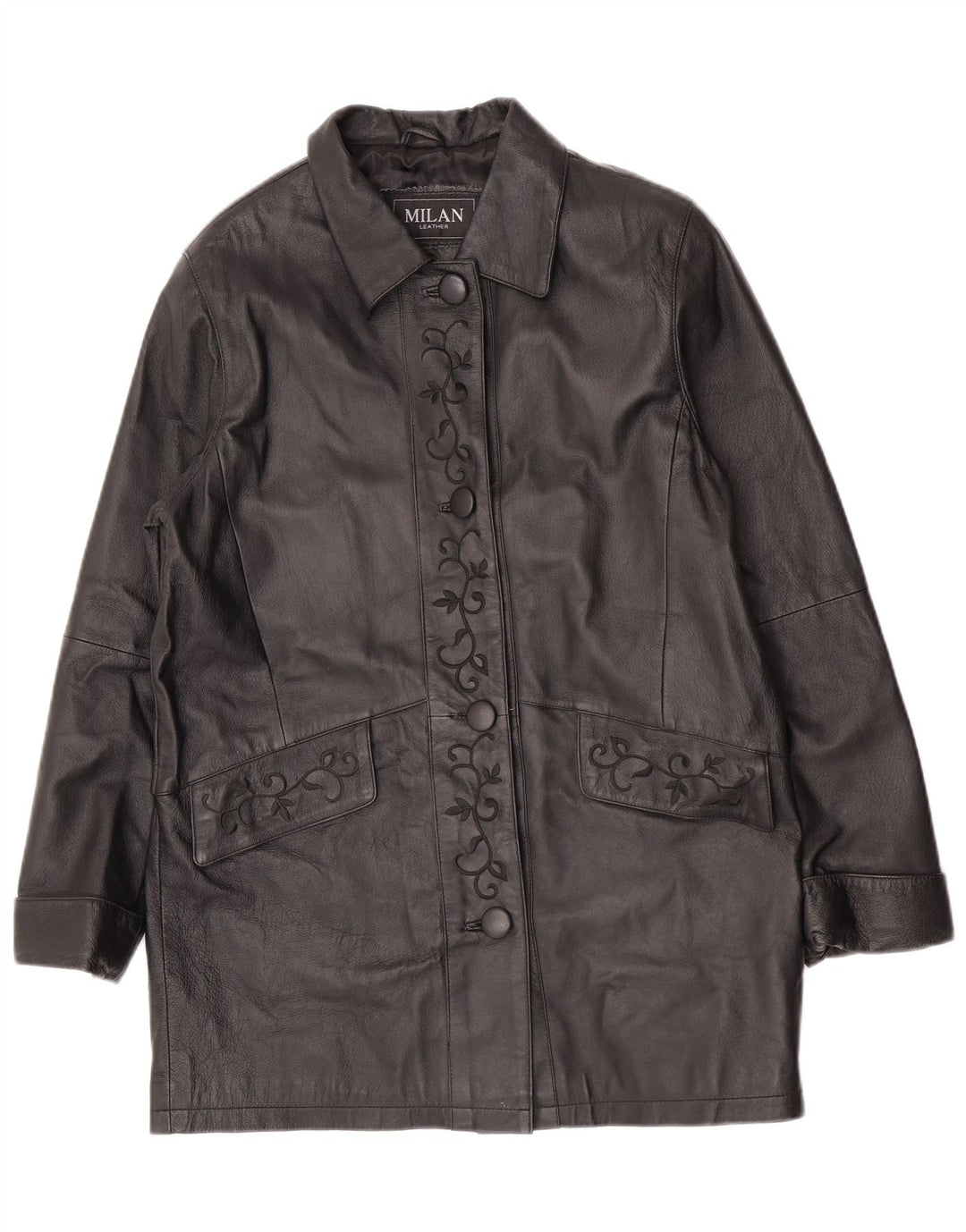 Vintage læderfrakke til kvinder US 12 Stor sort blomstret læder