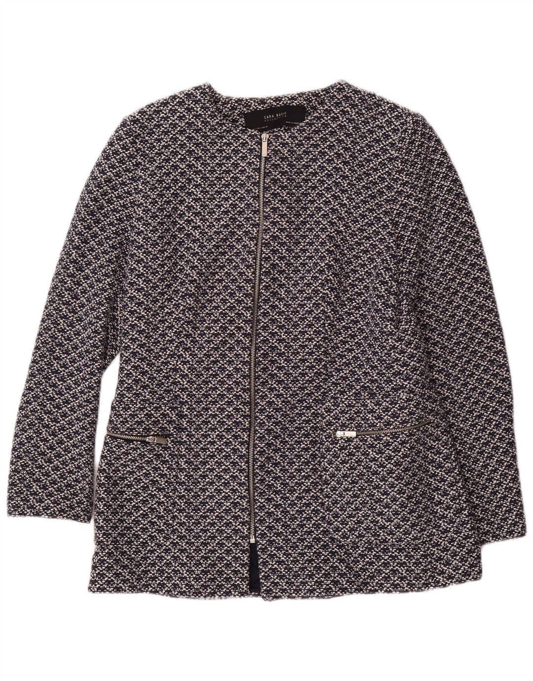 Zara Dame Abstrakt Blazer Jacket UK 14 Large Navy Blue Bomuld