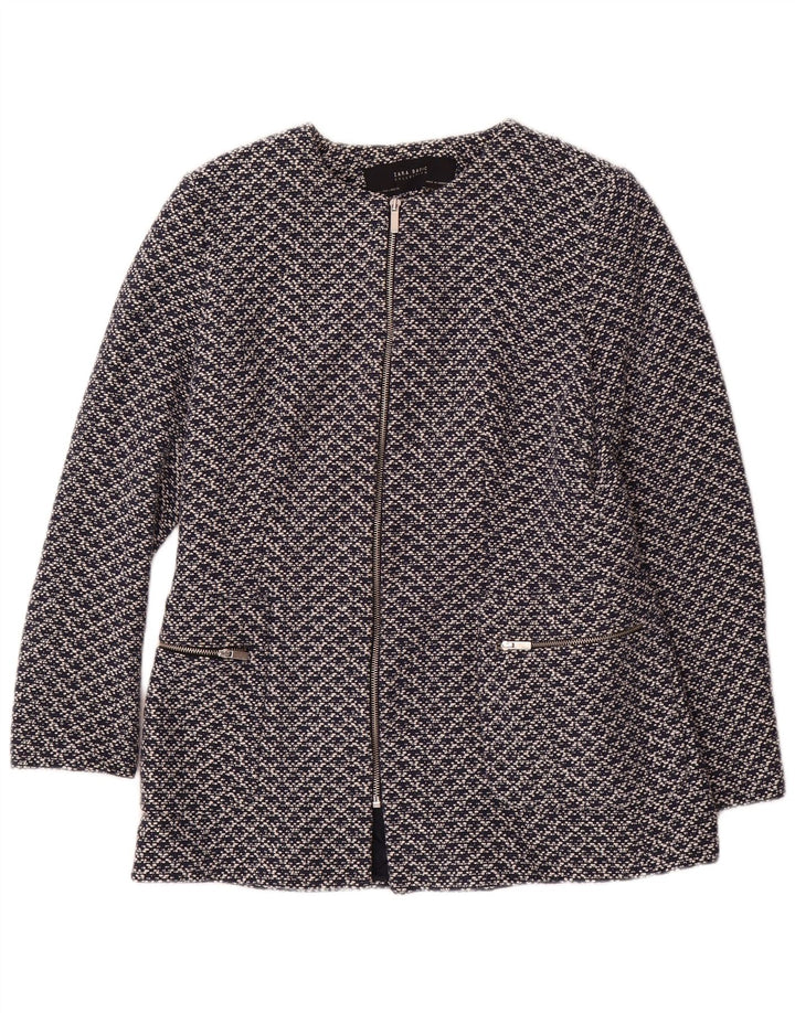 Zara Dame Abstrakt Blazer Jacket UK 14 Large Navy Blue Bomuld