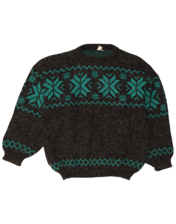 Vintage Herre Boat Neck Jumper Sweater Large Grey Fair Isle Wool