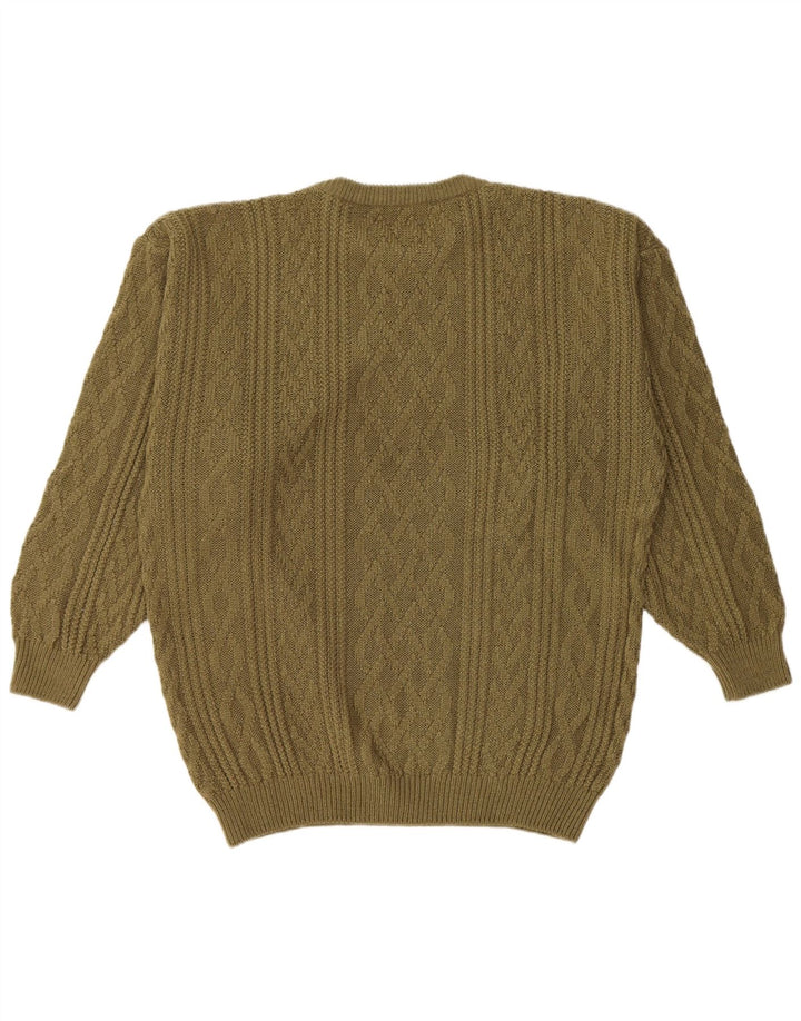Vintage Herre Crew Neck Jumper Sweater Stor Khaki Akryl