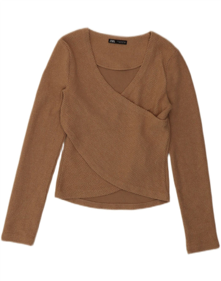 Zara Womens Crop Top Langærmet UK 8 Small Brown Polyester