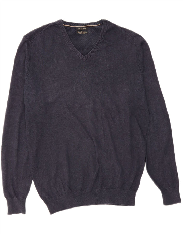MASSIMO DUTTI Herre V-hals sweater Stor marineblå bomuld