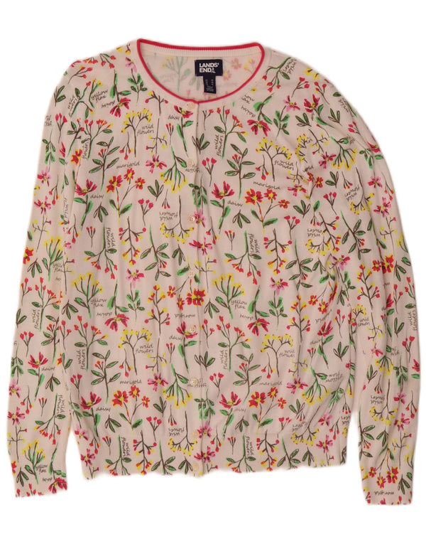 Lands End Dame Cardigan Sweater UK 14 Medium White Floral Cotton