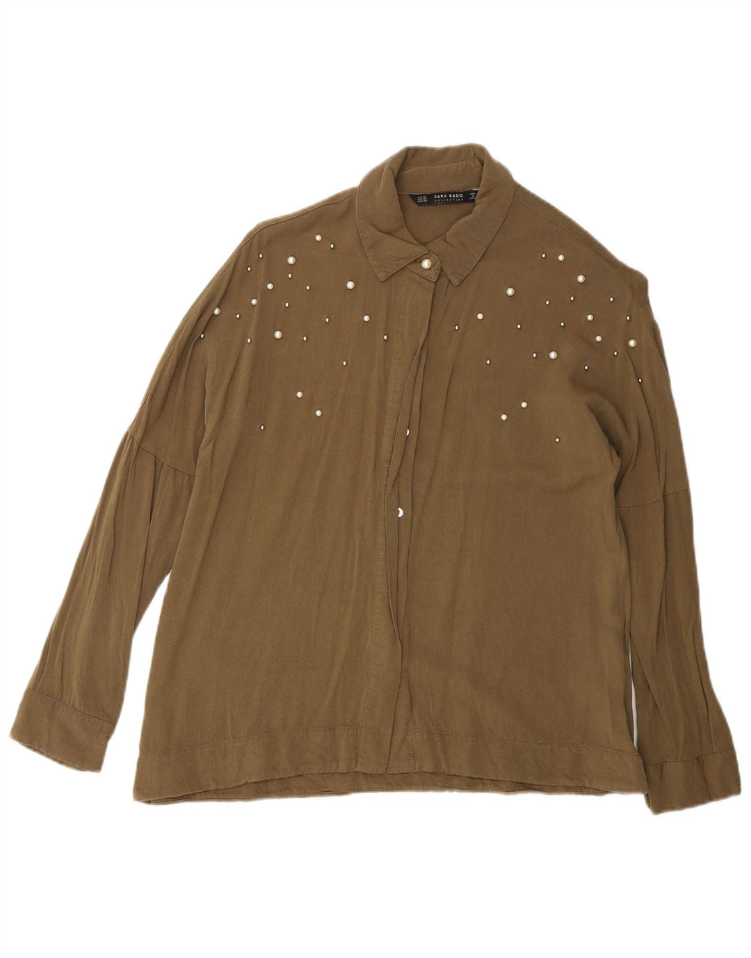 ZARA Womens Oversized Shirt Blouse UK 6 XS Khaki Viscose