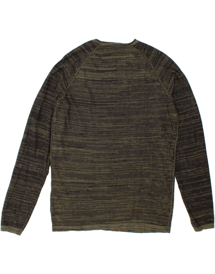 JACK & JONES Mens Crew Neck Jumper Sweater Medium Khaki Striped Cotton Vintage Jack & Jones and Second-Hand Jack & Jones from Messina Hembry 