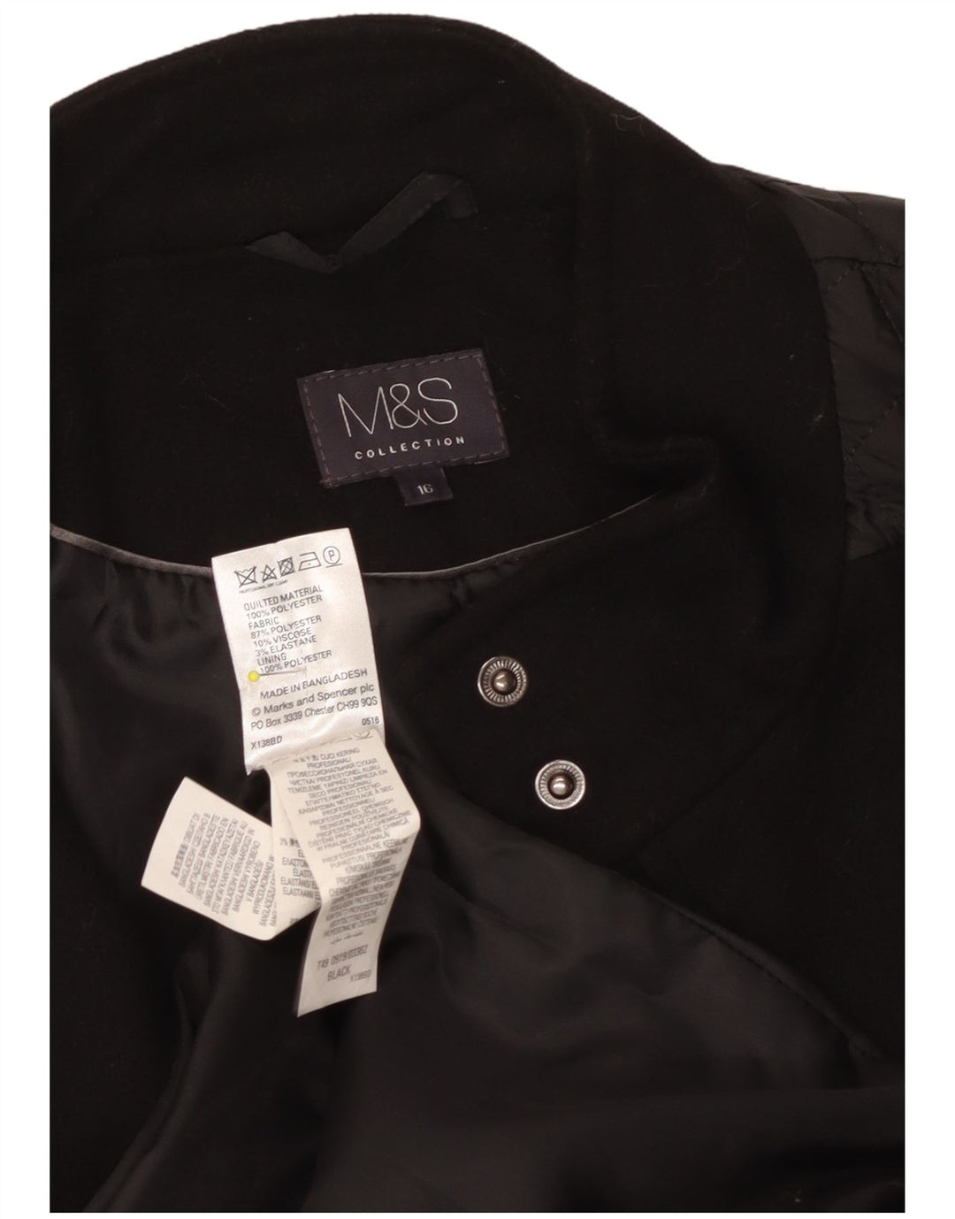 Marks & Spencer Quiltet overfrakke til kvinder UK 16 Stor sort polyester