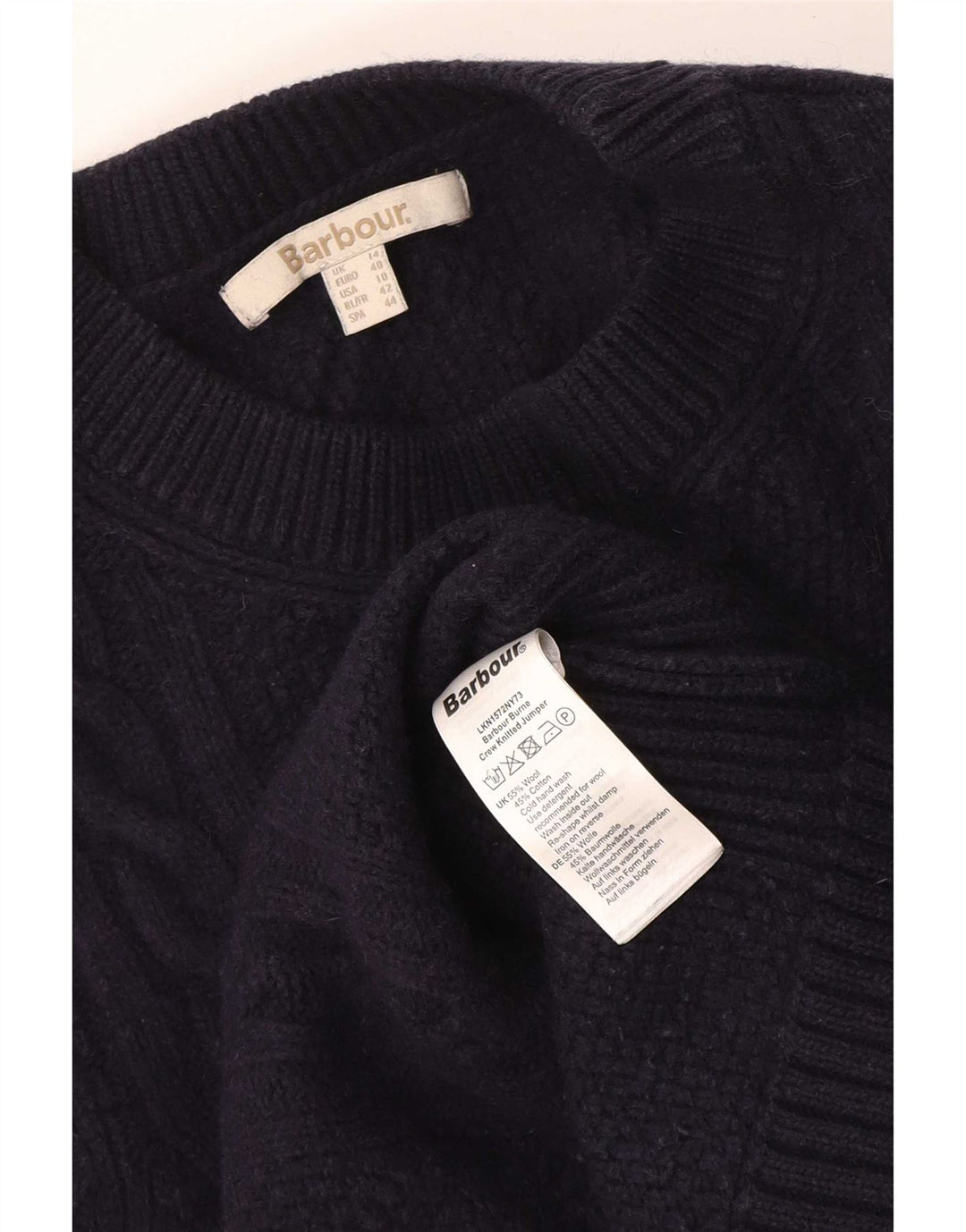 Barbour Dame Crew Neck Jumper Sweater UK 14 Large Navy Blue Wool