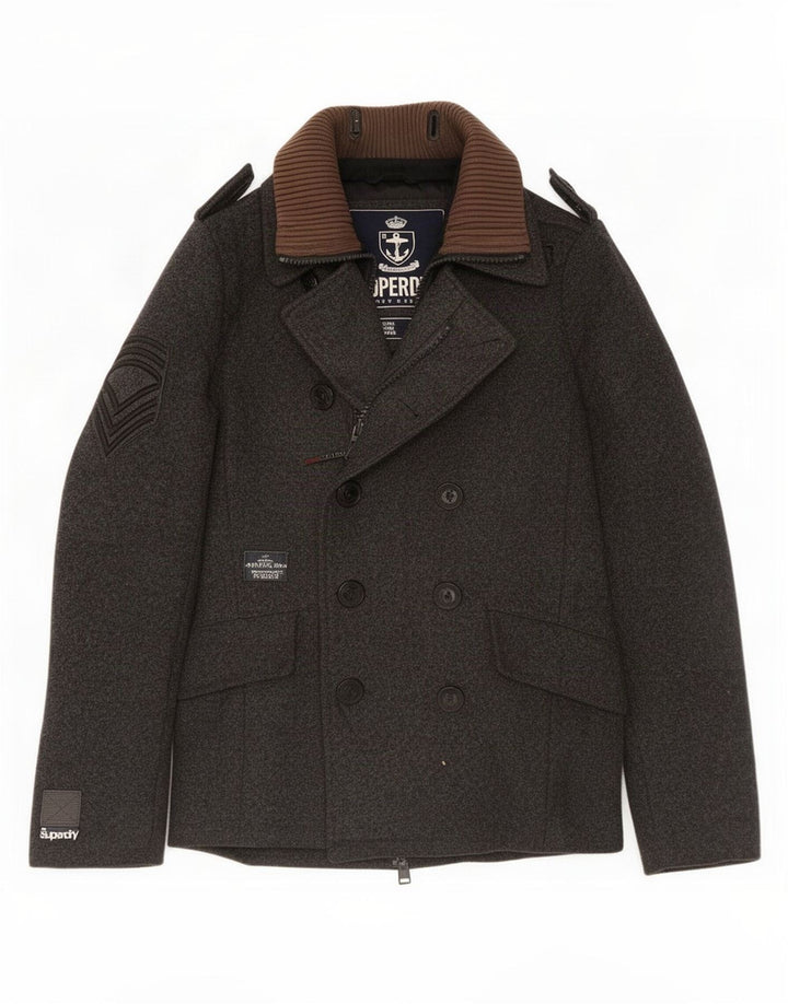 Superdry Men Pea Coat UK 38 Medium Grey Wool