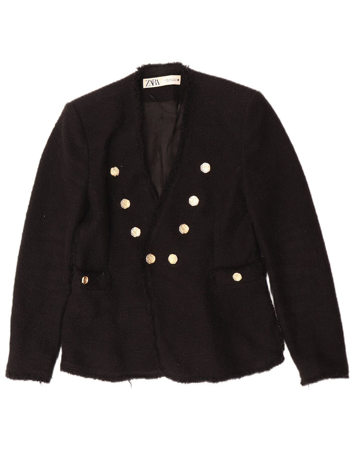 Zara Dame Dobbeltradet Blazer Jacket UK 12 Medium Sort Bomuld