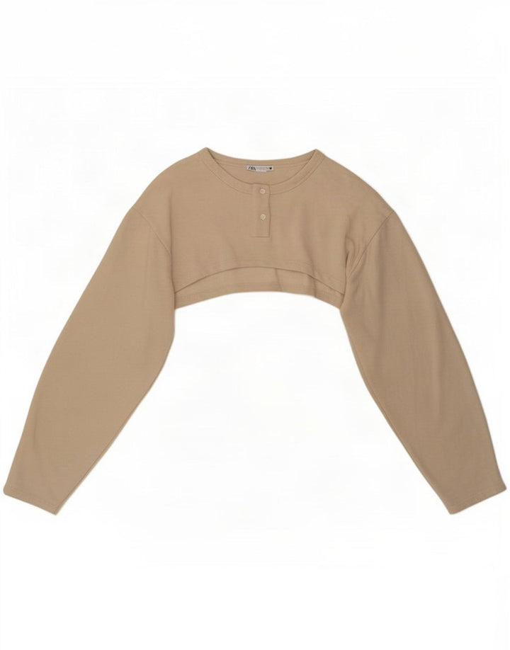 Zara Langærmet Crop Top til kvinder UK 14 Medium Beige