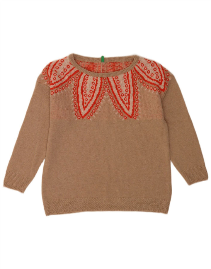Benetton kvinders abstrakt mønster rund hals sweater UK 10 Small Beige
