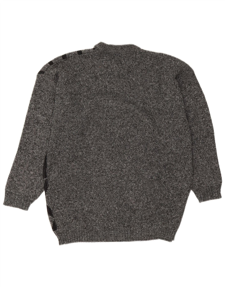 Vintage herre rund hals sweater mellemgrå geometrisk akryl