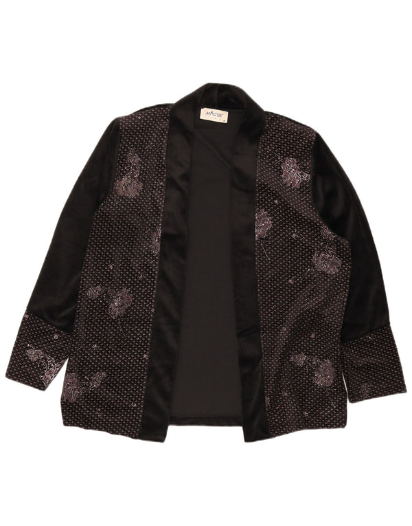 Vintage Womens Open Blazer Jacket UK 14 Medium Black Floral Polyester