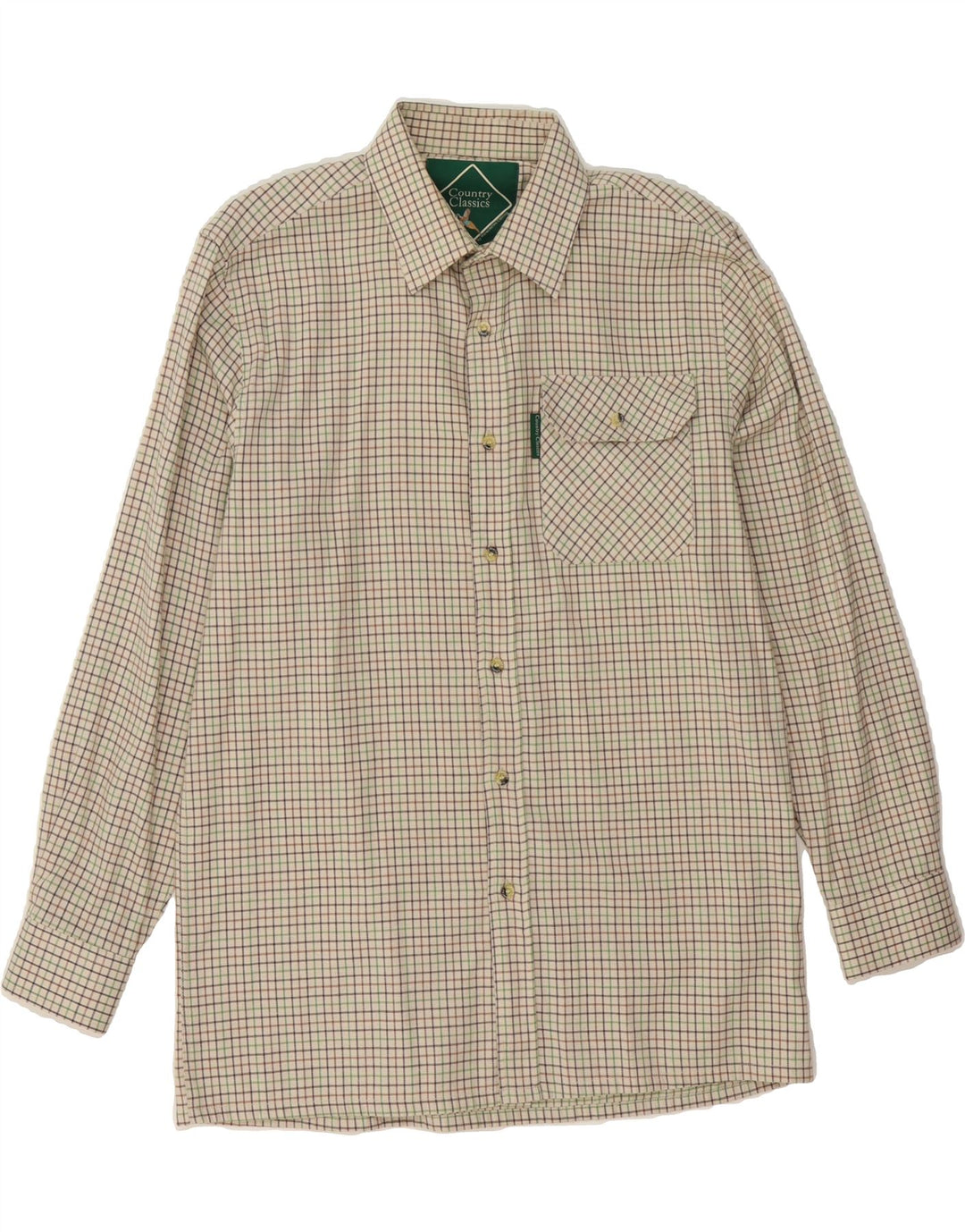 VINTAGE Mens Shirt Medium Beige Check Polyester Vintage Vintage and Second-Hand Vintage from Messina Hembry 