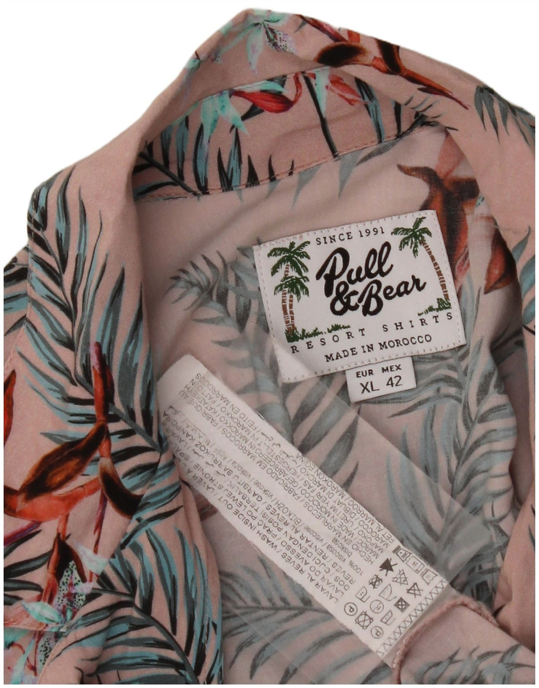 PULL & BEAR Kortærmet herreskjorte XL Pink Floral Viscose Hawaiian