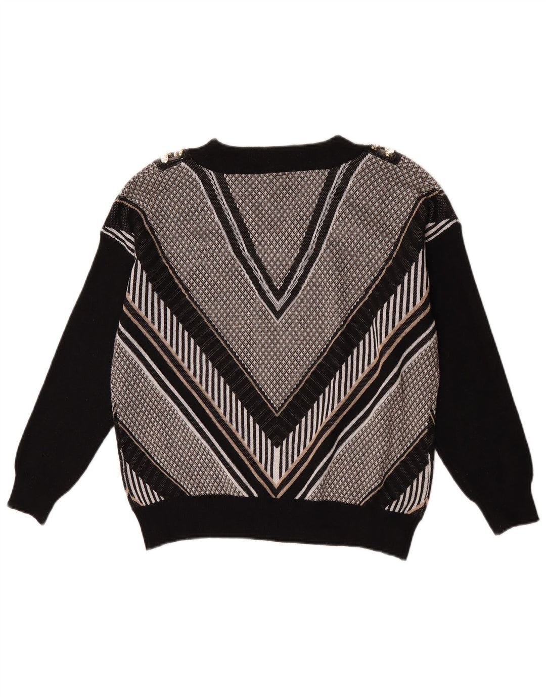 Vintage dame V-hals sweater UK 14 Stor sort stribet polyester
