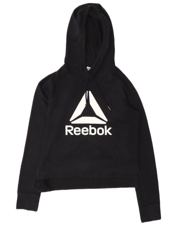 Reebok Womens Crop Graphic Hoodie Jumper UK 10 Small Black Bomuld