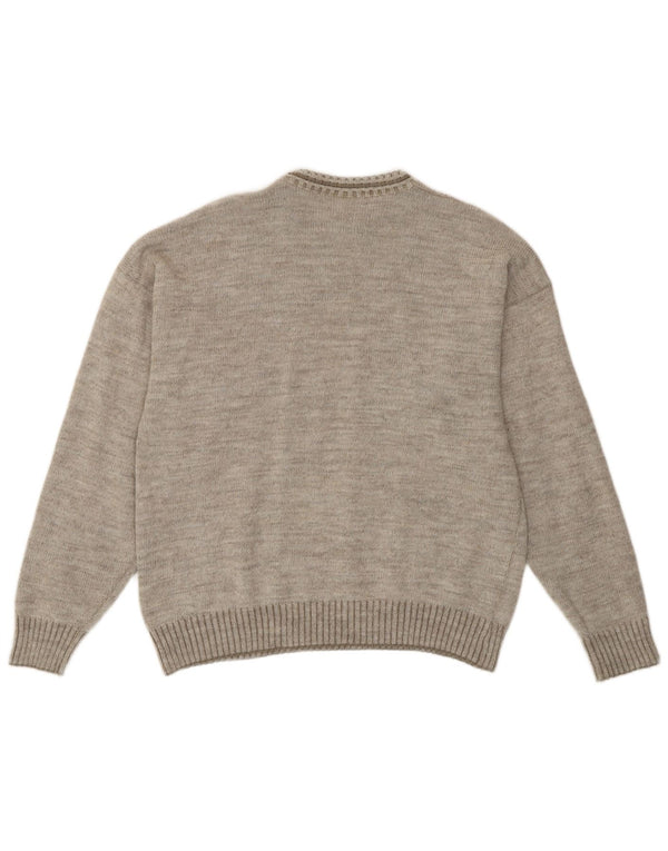 Vintage herre rund hals sweater mellemgrå geometrisk retro