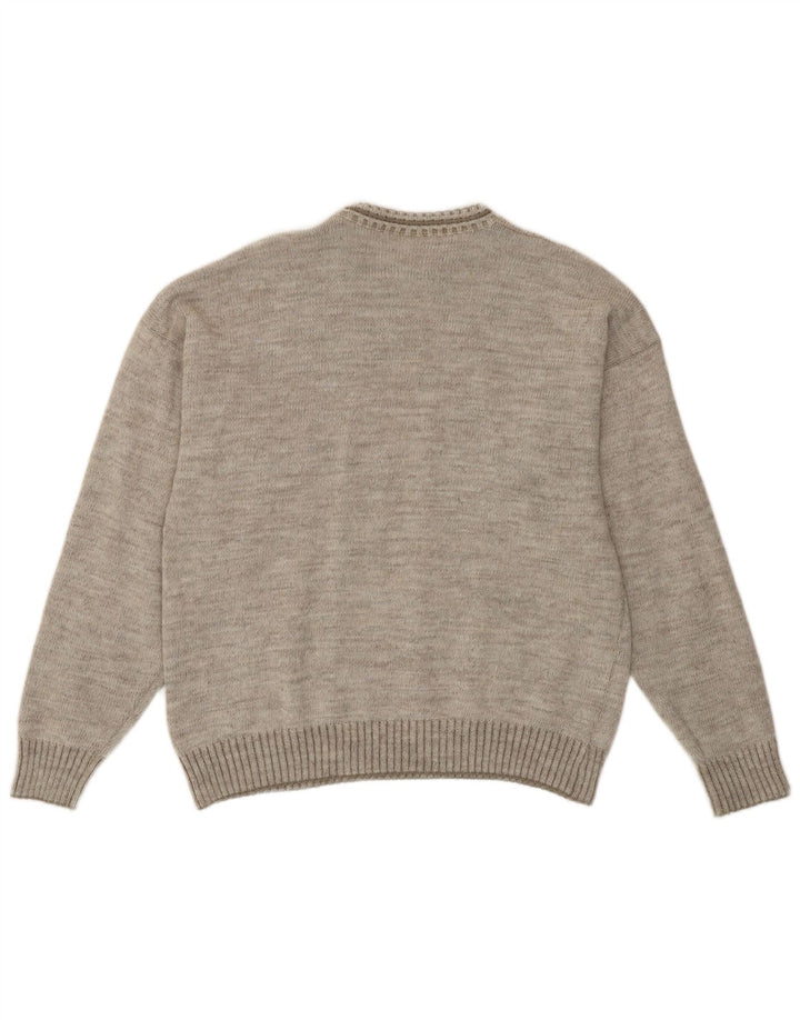 Vintage herre rund hals sweater mellemgrå geometrisk retro