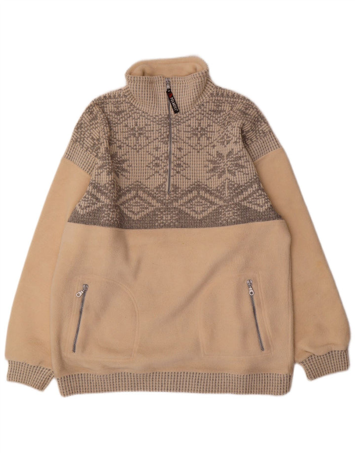 Vintage Herre lynlås hals Fleece Jumper Large Beige Fair Isle Polyester