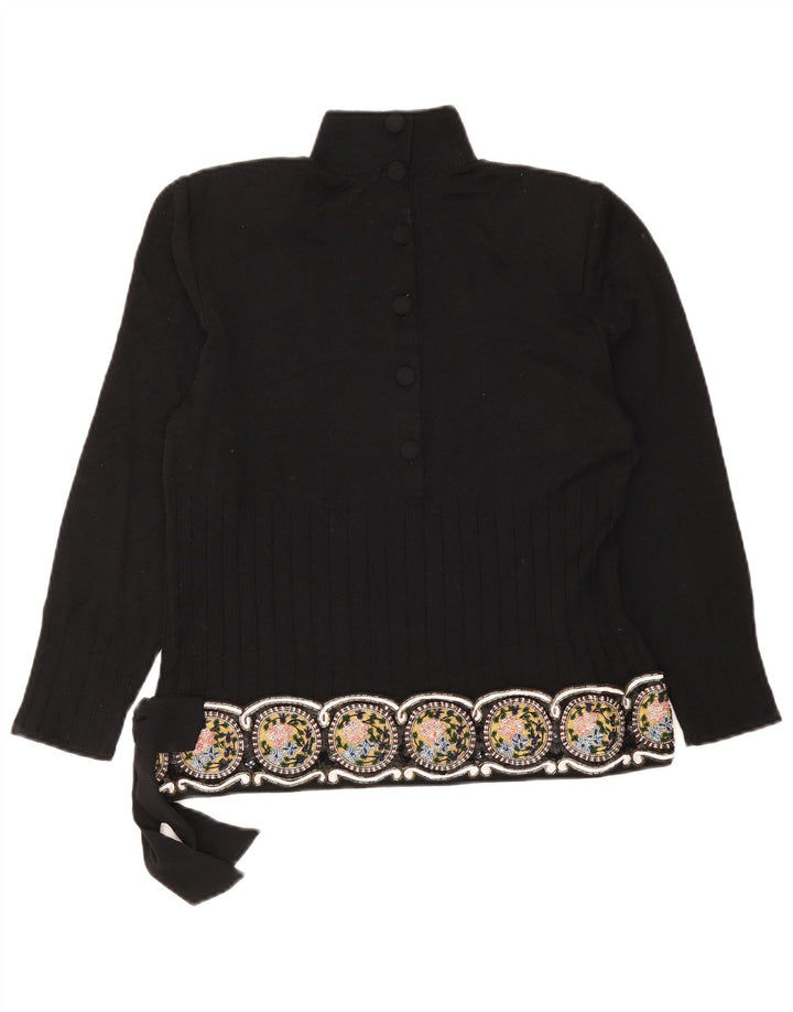 Giorgio Grati Dame Button Neck Jumper Sweater UK 12 Medium Black Floral